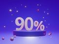 The podium shows up to 90% off discount concept banners, promotional sales, and super shopping offer banners. 3D rendering