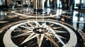 The podium sits atop a polished black and white marble floor mirroring the elegant design of the ships ballrooms with