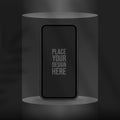 Podium for smartphone presentation in black color with shadow leaf. Vector flat illustrations