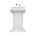 Podium speaker. Debate tribune white stand with microphone front view. Pedestal for lecture, award ceremony, press