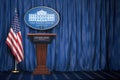 Podium speaker tribune with USA flags and sign of White House wi