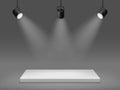 Podium with spotlights. Illuminated empty pedestal, 3d platform for show, rectangular scene with studio light, realistic