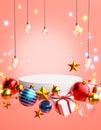 Podium Stage Box Gift Christmas Ball Red Blue Gold Christmas Lights Bokeh Stars Pink Background 3D Render Royalty Free Stock Photo