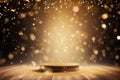A podium takes the spotlight on a wooden stage, while golden particles float in the background against a dark setting, creating a Royalty Free Stock Photo