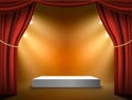 Podium vector stage background. Red curtains show light award podium with spotlight Royalty Free Stock Photo