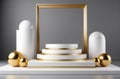 The podium is white with a gold frame and balls on a gray background Royalty Free Stock Photo