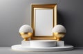 The podium is white with a gold frame and balls on a gray background Royalty Free Stock Photo