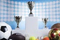 Podium, Winner trophy, Sport equipment and balls