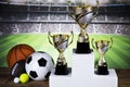 Podium, Winner trophy, Sport equipment and balls