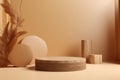 Podium wood display on beige with levitation objects. AI generated