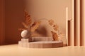 Podium wood display on beige with levitation objects. AI generated