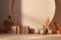 Podium wood display on beige with levitation objects. AI generated