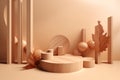 Podium wood display on beige with levitation objects. AI generated