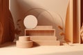 Podium wood display on beige with levitation objects. AI generated