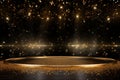 A podium on a wooden stage, surrounded by floating golden particles against a black background, exudes a festive, celebratory mood Royalty Free Stock Photo
