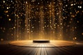 A podium on a wooden stage, surrounded by floating golden particles against a black background, exudes a festive, celebratory mood Royalty Free Stock Photo