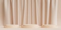 Podiums or pedestals for products or advertising on neutral beige background with curtains, minimal 3d illustration render