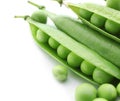 Pods with fresh green peas on white background, closeup Royalty Free Stock Photo