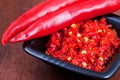 Pods of red hot pepper and spicy sause