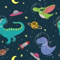 Hand drawn seamless pattern with cute dinosaurs in space