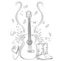 Hand drawn acoustic guitar with cowboy shoes and hat. Sketch style vector illustration. Royalty Free Stock Photo