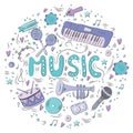 Hand drawn colorful music background. Doodle musical instruments. Retro musical equipment. Royalty Free Stock Photo