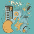 Hand drawn colorful music background. Doodle musical instruments. Retro musical equipment. Royalty Free Stock Photo