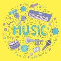 Hand drawn colorful music background. Doodle musical instruments. Retro musical equipment. Royalty Free Stock Photo