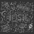 Hand drawn music background. Doodle musical instruments.