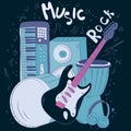 Hand drawn music background. Doodle musical instruments. Retro musical equipment. Royalty Free Stock Photo