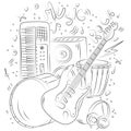 Hand drawn music background. Doodle musical instruments. Retro musical equipment.