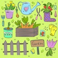 Hand drawn set of colorful  garden tools. Royalty Free Stock Photo