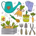 Hand drawn set of colorful  garden tools. Vintage ink drawing. Royalty Free Stock Photo