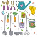 Hand drawn set of colorful  garden tools. Royalty Free Stock Photo