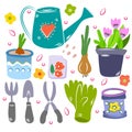 Hand drawn set of colorful  garden tools. Royalty Free Stock Photo