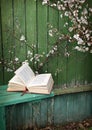 Poem book on green bench with cherry tree