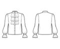 Poet pirate blouse technical fashion illustration with ruffles collar, bishop long sleeves, stand neck, loose button up