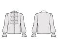 Poet pirate blouse technical fashion illustration with ruffles collar, bishop long sleeves, stand neck, loose button up
