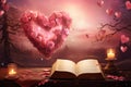 A poet\'s book of poetry about love. Pink heart with flowers.