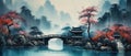 It Is A Poetic Chinese Landscape Oil Painting With Vast Water Surface and Misty Mountain Background