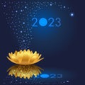 2023 greeting card with an imaginary visual, showing a golden water lily and a cloud of stars. Royalty Free Stock Photo