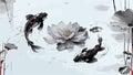 Koi Carp Gliding Through Lotus Gardens, japanese ink panting, AI Generated. Royalty Free Stock Photo