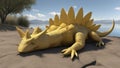 A poetic scene with a stegosaurus resting by a lake. The stegosaurus is yellow and smooth