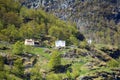 poetic scenery of white house at the middle of mountain with steep cliff