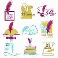 Poetry and writers day isolated icon feather and book