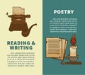 Poetry writing and reading posters of vector writer typewriter or notepad and candle
