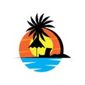 Sunset coconut tree colorful beach illustration vector design Royalty Free Stock Photo