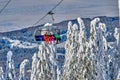 Poiana Brasov, Romania -09 January 2019: Skiers on the ski lift, skiers on slope in Romanian ski resort in sunny day, Poiana