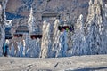 Poiana Brasov, Romania -09 January 2019: Skiers on the ski lift, skiers on slope in Romanian ski resort in sunny day, Poiana