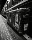 Black and white image of an old suitcase in a train station. Royalty Free Stock Photo